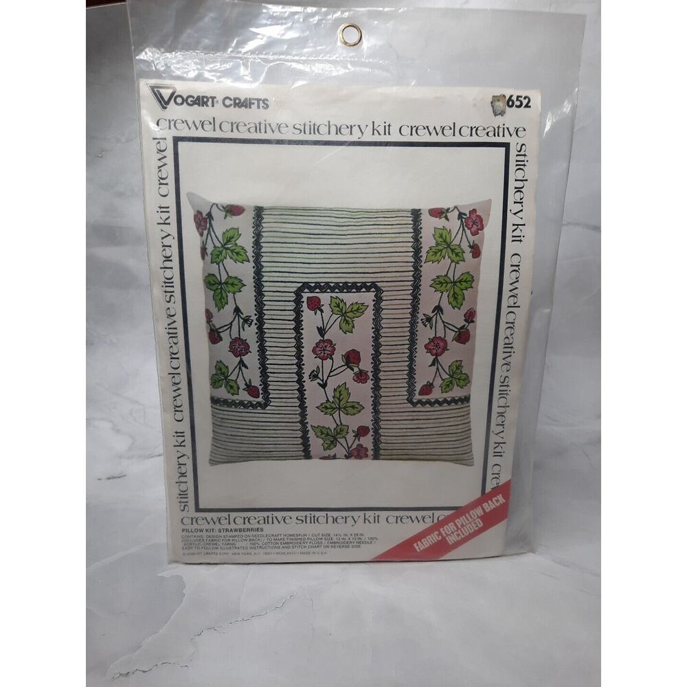 1970's Vogart Crewel Creative Stitchery Pillow Kit Strawberries 13x13